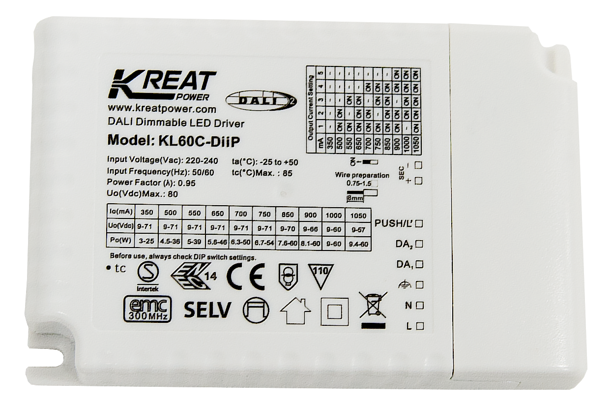 Kreat Power / Merrytek 60W 350-1050MA Constant Current Dali Dimmable LED Driver